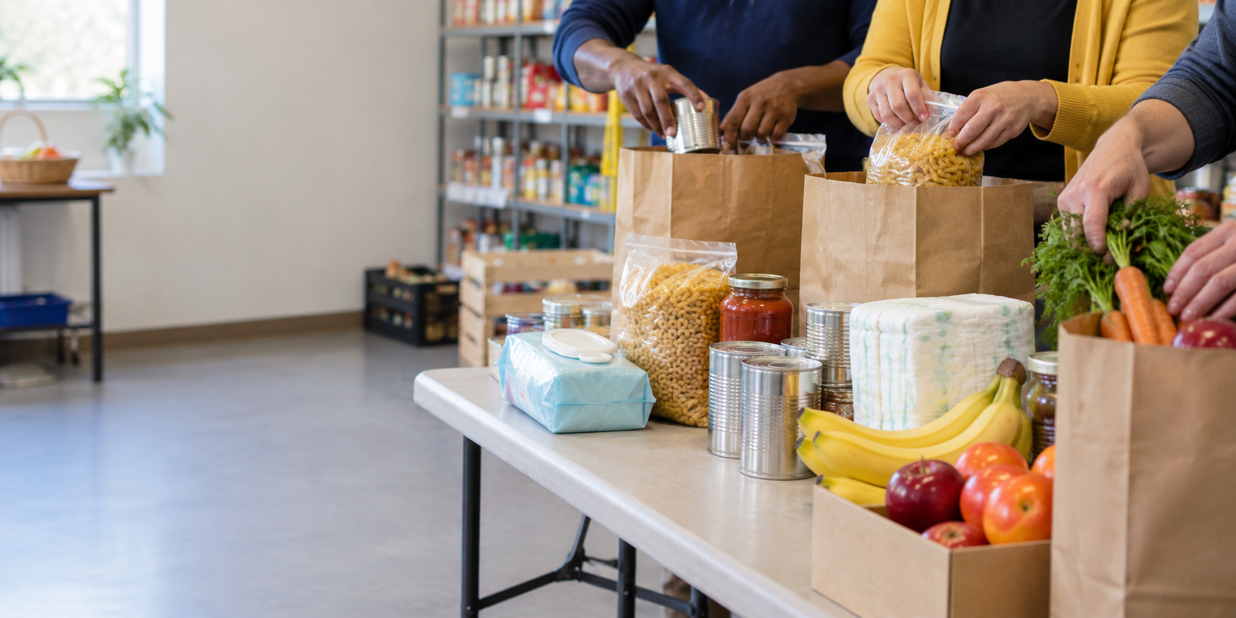 Volunteers packing donated groceries and baby supplies